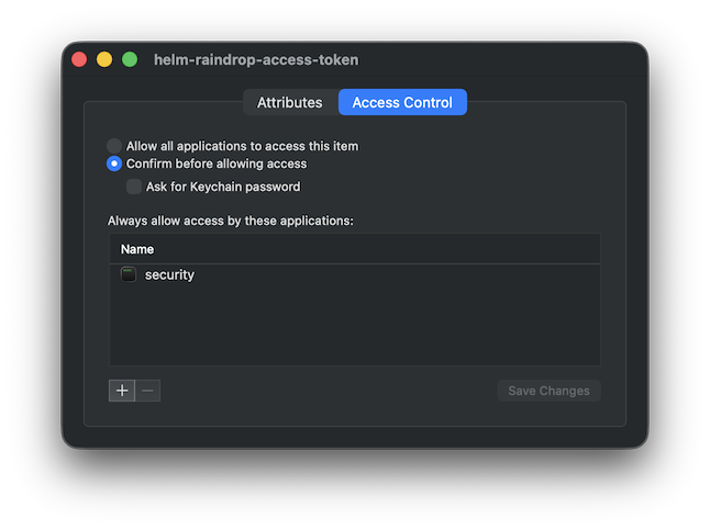 Access Control screen in Keychain Access